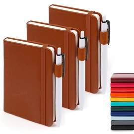 feela 3 Pack Pocket Notebook Journals, Mini Cute Small Journal Notebook Bulk Hardcover College Ruled Notepad with Pen Holder for Office School Supplies, with 3 Black Pens, 3.5”x 5.5”, A6, Brown