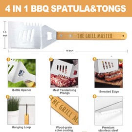 Grilling Accessories, Fathers Day Grilling Gifts for Men Dad, Heavy Duty Wooden BBQ Grill Accessories Kit for Backyard, Thick Stainless Steel Grill Utensils with Non-Slip Handle Tools in Portable Bag