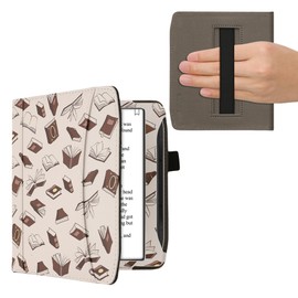 kwmobile Flip Case Compatible with Pocketbook Era/Era Colour - Front Compartment Wrist Strap - Books and Pages Beige Brown Gold