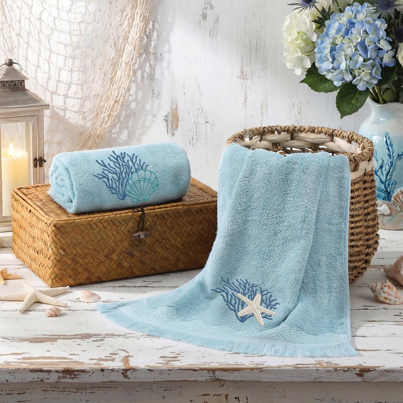 Breling 2 Pcs Summer Beach Hand Towels for Bathroom Blue