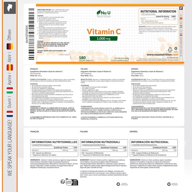 Vitamin C 1000mg - 180 Vegan Tablets - 6 Month