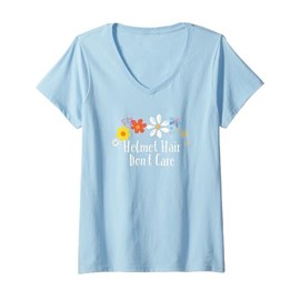 Womens Flowers for Her Him, Helmet Hair Don't Care Saying V-Neck T-Shirt