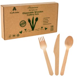 EcoBuddies Premium Disposable Wooden Cutlery Set 100% Natural Birchwood | Durable, Smooth, Eco Friendly, Biodegradable, Chemical and Dye-Free | Pack of 150 for Parties, Weddings, or Events (6"-6.5")