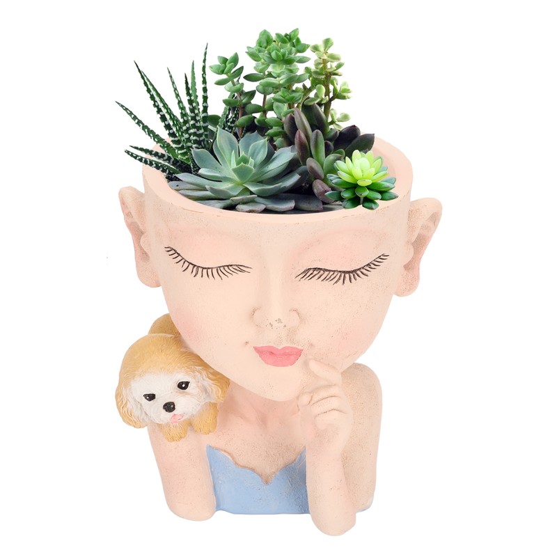 Flower Pot Girl and Dog Cute Style Bottom Drainage Hole