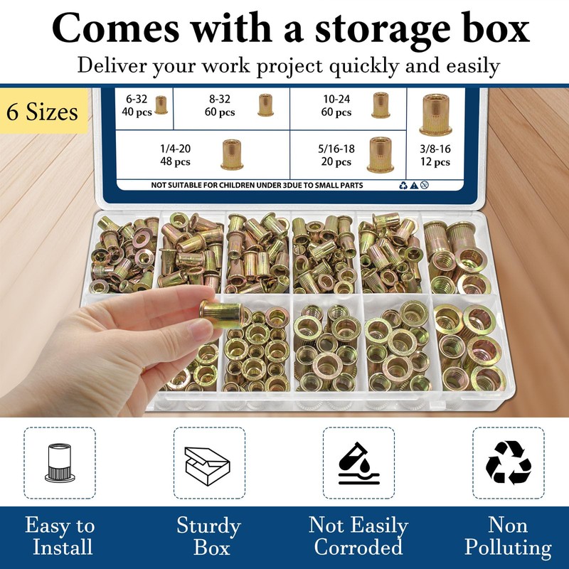 Vifmy SAE Rivet Nut Assortment Kit(240Pcs),#6-32#8-32#10-24 1/4"-20 5/16"-18 3/8"-16 UNC