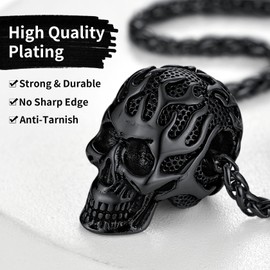 Mens Women Gothic Retro Flame Skull Black Stainless Steel Pendant Necklace