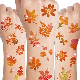 CHARLENT Glitter Autumn Leaves and Flower Tattoos for Kids - 74 Individual Leaves Glitter Autumn Tattoos for Kids Autumn Party Supplies