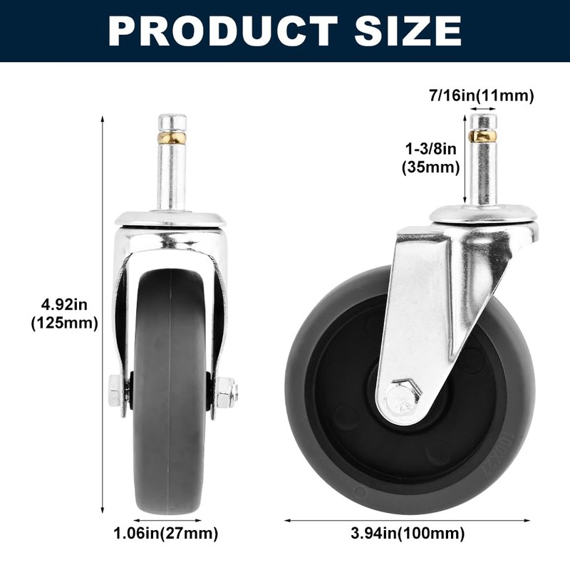 4 Pack 4 Inches Swivel Stem Caster, 7/16-Inch Stem Diameter