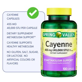 VENANCIO'S SHOP Spring Valley Cayenne Capsules 455 mg (Cayenne Fruit - 40,000 STU), Dietary Supplement, Herbal Support, 100 Count (Pack of 02)