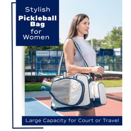 Net & Style Pickleball Bag Women Stylish Tote Large Capacity Paddle Holder Shoe Compartment Elegant Lightweight Design Durable Zipper Pockets Fence Hook White Navy Court Gym Travel Organizer