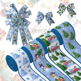 ZAWE Winter Blue Snowflake Santa Snowman Truck Christmas Tree Wired Ribbon 2.5 Inch 4 Roll 26 Yards for Gift Wrapping Xmas Crafts Wreath DIY Making Supplies Bow Decorations