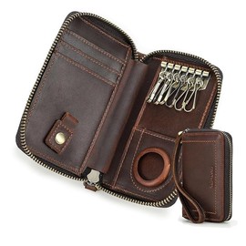 Contacts Leather Car Key case Large Keychain 6 Key hooks Zip Pouch Bag Unisex Credit Cards holder RFID Wallet Cover AirTag (Coffee)