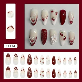 24Pcs French Tip Press on Nails Medium Almond Fake Nails with 3D Bow Cherry Heart Design French Nails Press on Cute Stick on Nail Gradient False Nail Wine Red Acrylic Nail for Women DIY Decor