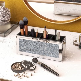 SHYFOY 4-Compartment Makeup Brush Holder, Mirrored Makeup Organizer with Crushed Diamond Crystals, Vanity Cosmetics Organizer Solution, Pencil Holder Organizer for Desk