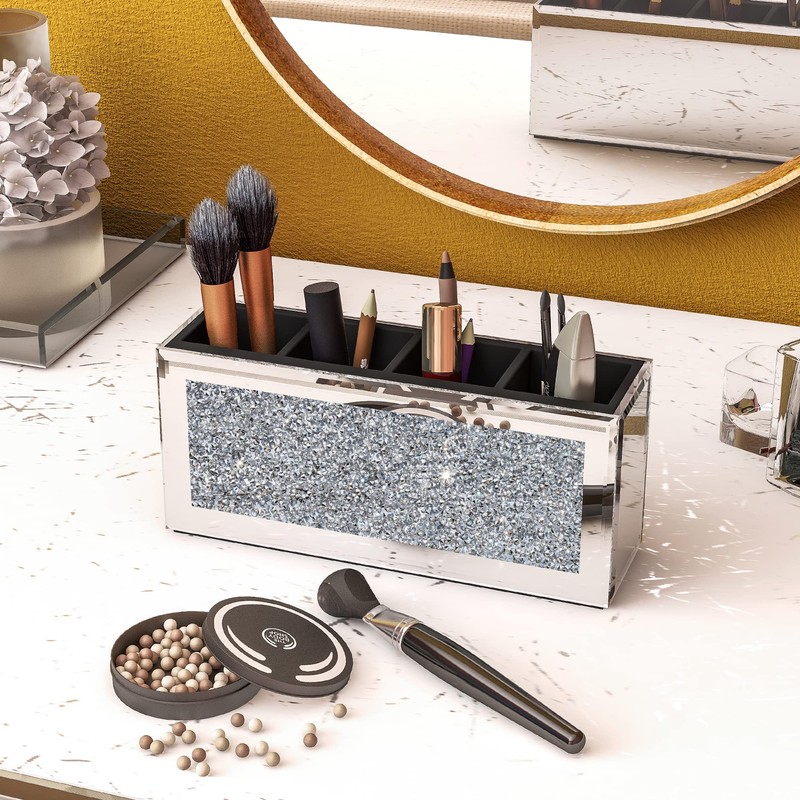 SHYFOY 4-Compartment Makeup Brush Holder, Mirrored Makeup Organizer with Crushed