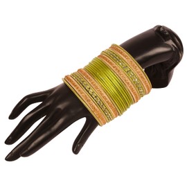 Touchstone Colorful 2 Dozen Bangle Collection Indian Bollywood Pastel Parrot Green Gold Glaze Designer Jewelry Special Large Bangle Set of 24 Gold Tone for Women