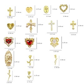64pcs Gold Nail Charms Set with Gold Cross, Hearts, Rose, and Virgin Mary - Y2K 3D Chrome Nail Decorations