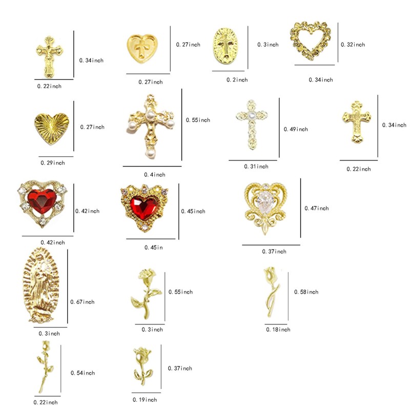 64pcs Gold Nail Charms Set with Gold Cross, Hearts, Rose,