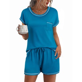 Ekouaer Womens Pajama Sets 2 Piece Soft Short Sleeve Top and Shorts Sleepwear Round Neck Pjs Lounge Set with Pockets Blue Green Medium