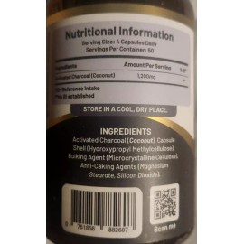 Vitamins Because Activated Charcoal High Potency 1200mg 200 Caps Made in UK Prowise