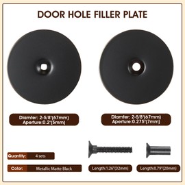 Door Hole Filler Plate, 2-5/8" Diameter, 1 Inch and 2 Inch Connecting Screws Deadbolt Cover Plate, Metal Matte Black Door Handle Hole Cover Plate for Home Exterior Interior deadbolt hole(4 Set)