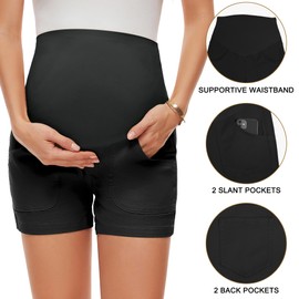 AMPOSH Women's Maternity Casual Cargo Shorts with Pockets Stretchy Summer Wear Pregnancy Clothes(Black, XXL)