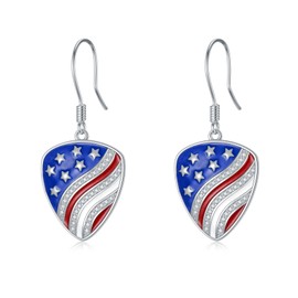 Guitar Pick Earrings 925 Sterling Silver American Flag Patriotic Dangle Drop Charm Earrings 4th of July Independence Day Jewelry Music Guitarist Gifts for Women Men