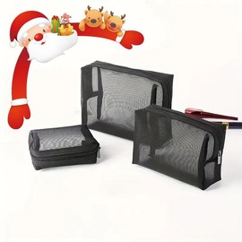 Portable Mesh Cosmetic Storage Bag, 3 Counts/set Mixed Size Space Saving Large Capacity Zipper Makeup Container, Makeup Bag, Versatile Travel Toiletry Organizer Pouch, Christmas Gift