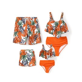 PATPAT Family Matching Swimsuits Two Piece Hawaiian Tropical Beach Bikini and Swim Trunks Set Mommy and Me Bathing Suits, Tropical Orange, X-Large