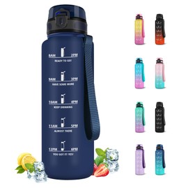 Water Bottle, 1.5 Litres, Sports Water Bottle with Filter, Water Bottle with Motivational Slogan, Water Bottle with Time for Fitness, Camping, Outdoor, Hiking, Running, Yoga, Navy Blue