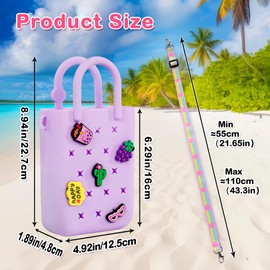 Mini Rubber Tote Bag, EVA Waterproof Beach Tote for Little Girls And Woman, Silicone Hole Small Bag for Travel Outdoor, Cute Rubber Beach Bag with 20 Charms & Adjustable Shoulder Strap