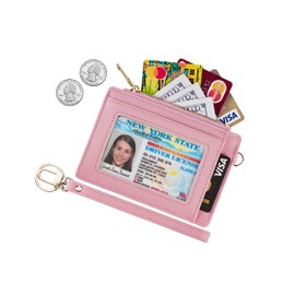 Wikavanli Women Slim Rfid Blocking Credit Card Case Holder Wristlet Zip ID Case Wallet Small Compact Leather Wallet Coin Purse with Keychain (Pink)