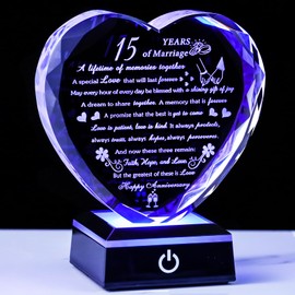 15th Wedding Anniversary Crystal Gifts for Couples Friends, Romantic Heart 15th Anniversary Keepsake Gifts for Her Him, 15 Years of Marriage Gift for Wife Husband