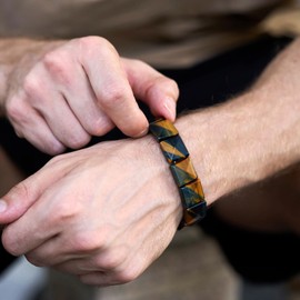 Tiger Eye Beaded Bracelet for Men - GALKCRST Yellow and Blue Tiger Eye Bracelet, Natural Ctystal Stone, Faceted Square Flat Beads, Stainless Steel Chain with Adjustable Knot, Gift for Him