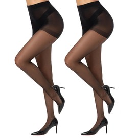 Aaronano 2 Pairs Black Sheer Tights for Women 15D Not Rip Control Top Pantyhose High Waist With Reinforced Toes(Black,L)