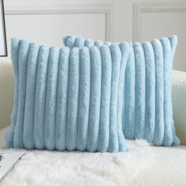Mandioo 2er Set Kissenbezug gestreiftes Künstlich Pelz Superweich Kissen Flauschig Modern Kissenhülle Deko Sofa Wohnzimmer Schlafzimmer Kissenbezüge 50 x 50 cm Hellblau