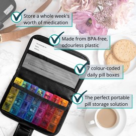Tabtime Black Pill/Tablet Wallet, Weekly 7 Day Pill Box Organiser with 28 Compartments for Vitamins, Supplements and Medication