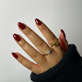 Burgundy Nails Press on, Dark Red Short Oval Round Press on Nails, SXVME Winter Glue on Nails Short Almond Fake Nails, Thick Acrylic False Nails, Glossy Solid Colored Stick on Nails for Women 24Pcs