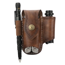 TOURBON Men Leather EDC Organizer Sheath Handmade Tactical Multitool Pouch Holster Brown with Belt Clip