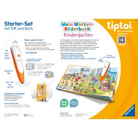 Ravensburger Ravensburger tiptoi Stift und Wörter-Bilderbuch Kindergarten - Lernspielzeug für Kinder ab 3 Jahren - Stylus mit überragender Audioqualität, Akku und Soft-Grip-Hülle - Grün, Orange, Silber - 00113