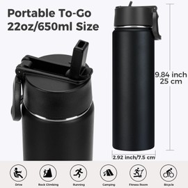 Neihepal 22 oz Insulated Kids Water Bottle with Straw Lid Bulk 2 Pack,Reusable Double Wall Vacuum Metal Flask Keeps Cold and Hot,18/8 Stainless Steel Sports Bottles for School & Travel(Black,2 Set)