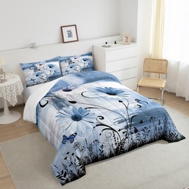 Rustic Floral Comforter Set Queen Size,Farm Daisy Flowers Butterfly Country Bedding Set for Women Adult,Blue Abstract Art Graffiti Luxury Bed Duvet Insert, 2 Pillowcases