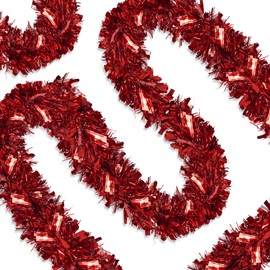Prashent 66 FT Artificial Christmas Garland Winter Shiny Tinsel Garland Red Metallic Twist Garland for Christmas Decor Mantle Fireplace Home