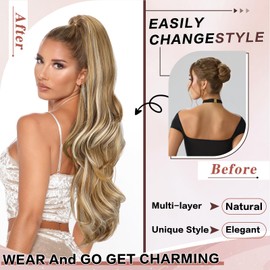CHRSHN Ponytail Extension, Drawstring Ponytail Extension for Women 26 Inch Long Wavy Pony Tails Hair Extensions Synthetic Clip in Ponytail Hairpiece for Women Brown Mixed Blonde