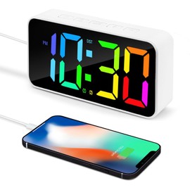 Digital Alarm Clocks for Bedrooms, Plug in Large Numbers NightLight 12/24Hr DST and Snooze, Loud Dual Alarm Digital Clock for Heavy Sleepers Adults Teens with USB Charger(White+RGB)