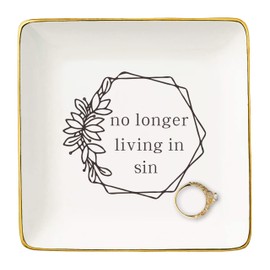 Funny Engagement Newly Engaged Gifts for Woman-Wedding Gift for Bride-Anniversary-Bridal Shower Present-Bachelorette Party Present-Jewelry Tray Trinket Holder Ring Dish-No Longer Living In Sin