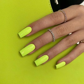 KQueenest Glossy Neon Green Press on Nails Long Medium Square, Fake Nails Press ons, Glue on Nails Coffin For Women, Natural Gel Square Tip Nails, Acrylic False Nails Set for Finger Manicure