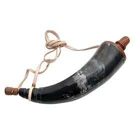 SZCO Supplies 14-Inch Black Powder Horn with Leather Strap – Genuine Horn with Wooden Plugs for Black Powder Storage, Hunting, and Historical Reenactments