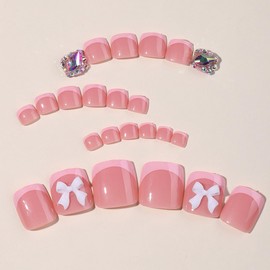 Pink French Press on Toenails Short Squere ZWENJIE Fake Toenails Nude Pink Fake Toe Nails Full Cover Acrylic Glue on Toenails with 3D Bow Rhinestones Designs Toe Press on Nails for Women 24 Pcs