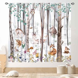 Woodland Curtains for Kids Room Nursery, Rustic Woodland Wild Animals Watercolor Forest Bear Deer Fox Country Blackout Window Draeps for Baby Girls Boys Bedroom Living Room 2 Panels Set, 55"x63" Inch